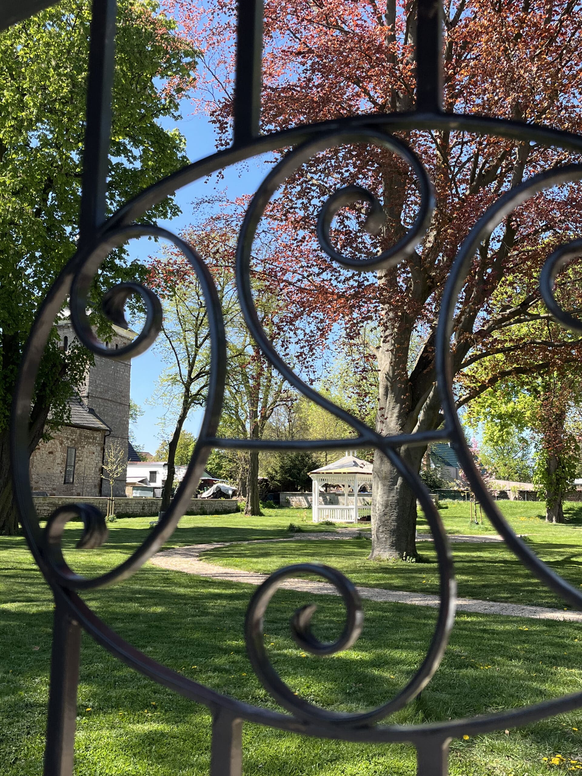 Ein verziertes schwarzes schmiedeeisernes Tor mit wirbelnden Mustern umrahmt einen grünen Rasen, bunte Bäume, ein steinernes Gebäude und einen weißen Pavillon - eine ideale Eventlocation in Thüringen für stilvolle Veranstaltungen Sondershausen unter blauem Himmel.
