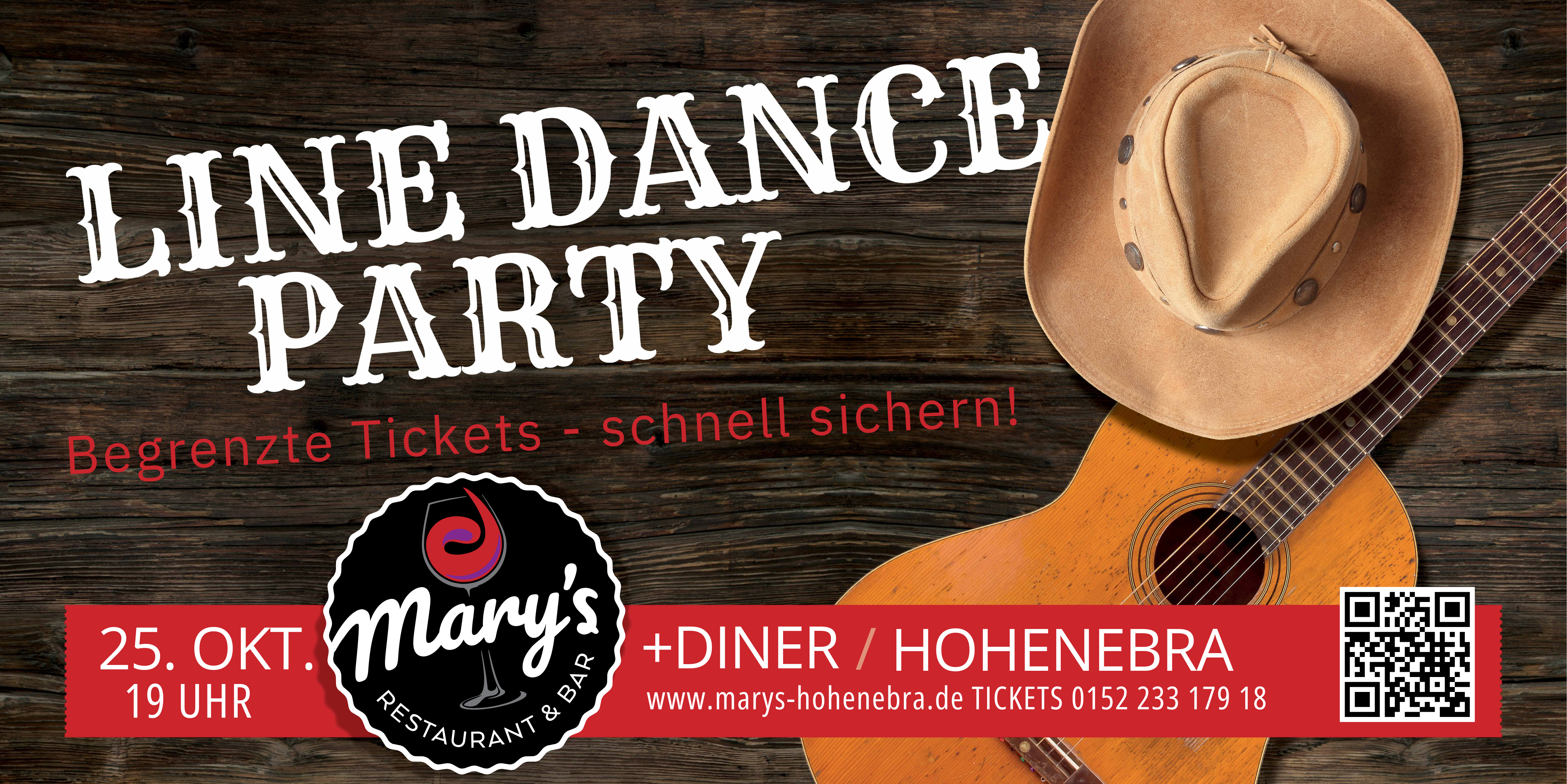 Ein Werbebanner für eine Line Dance Party zeigt einen Cowboyhut und eine akustische Gitarre auf einem hölzernen Hintergrund. Veranstaltungsdetails wie "LINE DANCE PARTY", "25. OKT. 19 UHR", "Mary's Restaurant & Bar" und Ticketinformationen werden angezeigt.