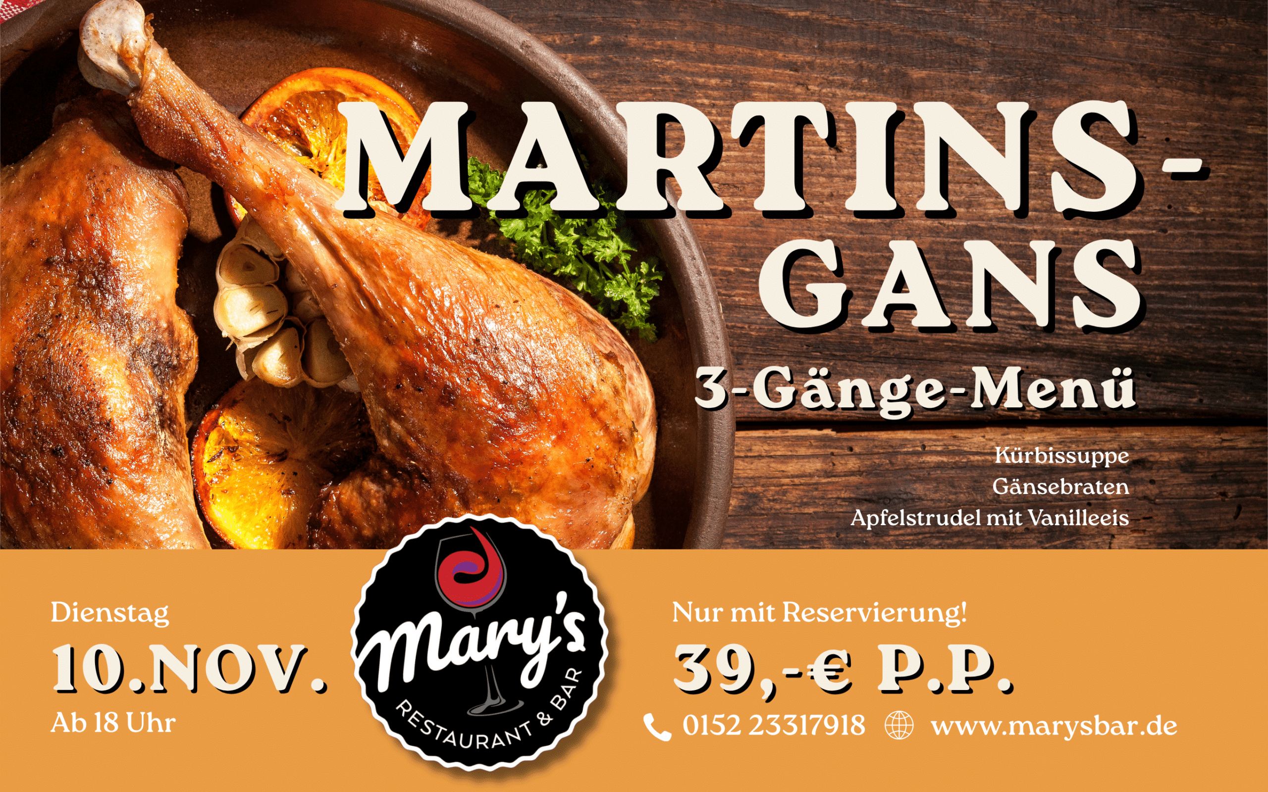 Gebratene Gänsekeule mit Kräutern und Knoblauch aus der Pfanne, serviert im Rahmen des dreigängigen „Martiniessen“-Gänse-Menüs zum St.-Martins-Tag am 10. November im Mary’s Restaurant & Bar. Enthält Kontaktdaten und Preisangaben.