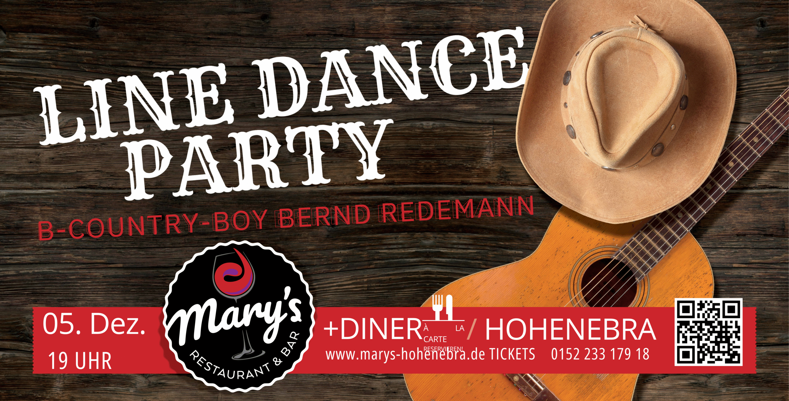 Ein Werbebanner für eine Line Dance Party zeigt einen Cowboyhut und eine akustische Gitarre auf einem hölzernen Hintergrund. Veranstaltungsdetails wie "LINE DANCE PARTY", "25. OKT. 19 UHR", "Mary's Restaurant & Bar" und Ticketinformationen werden angezeigt.