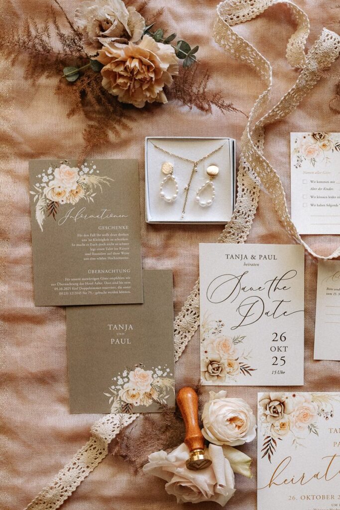 Flaches Layout eleganter Hochzeitspapiere mit floralen Motiven, einem Wachssiegel, Spitzenband, Perlenschmuck und errötenden Rosen, die alle auf einer strukturierten Stoffoberfläche in weichen, warmen Tönen angeordnet sind.