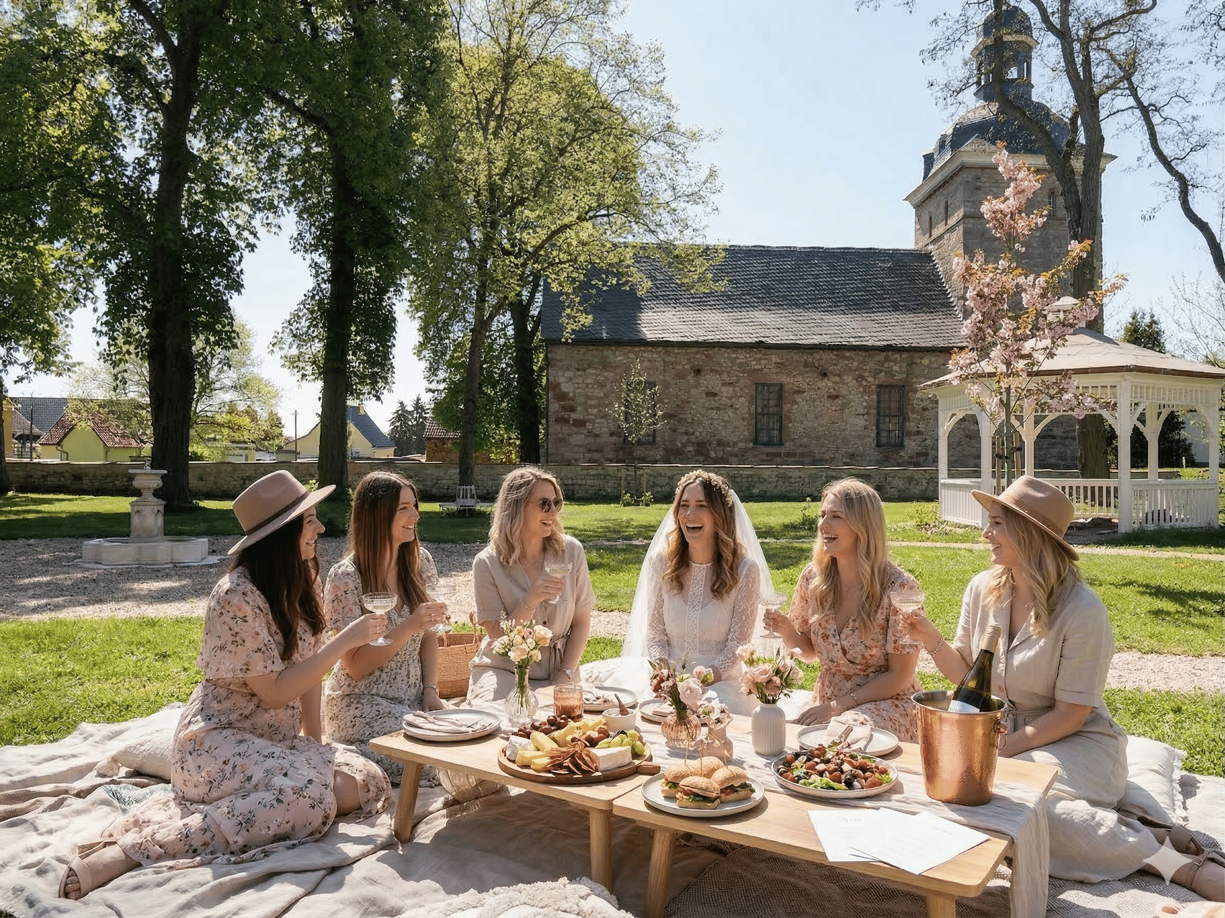 Sechs Frauen sitzen auf Decken um einen niedrigen Holztisch im Freien und genießen ein JGA Picknick mit Speisen und Getränken. Sie tragen leichte, geblümte Kleidung. Im Hintergrund stehen ein Steingebäude und ein weißer Pavillon.