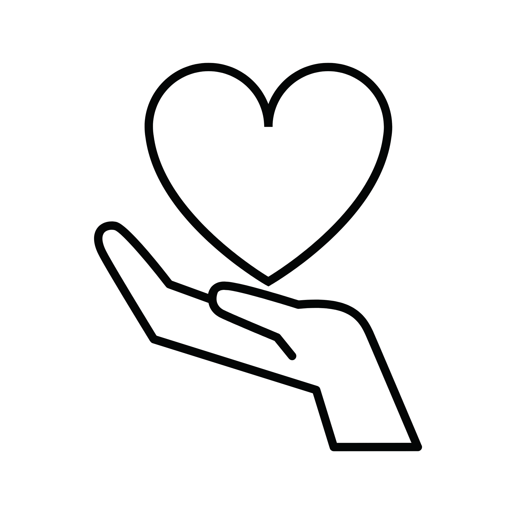 Ein einfacher schwarzer Umriss einer offenen Hand mit der Handfläche nach oben, die eine große Herzform über sich hält und Fürsorge, Liebe oder Schenken symbolisiert - perfekt, um herzliche Momente in einer Eventlocation in Thüringen darzustellen.
