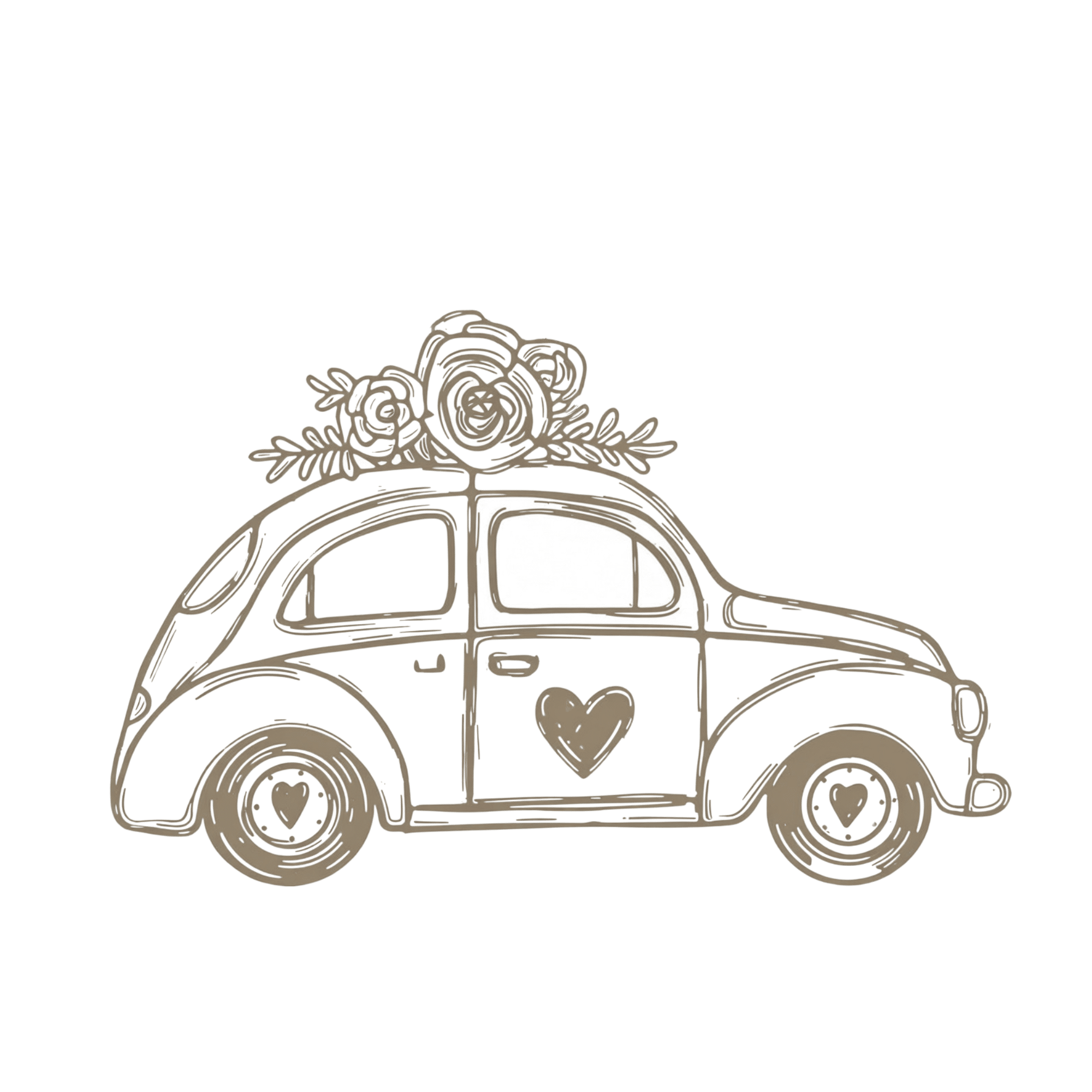Eine Auto-Illustration im Vintage-Stil mit Herzformen auf den Türen und Rädern sowie einem Blumenstrauß auf dem Dach - perfekt für eine Hochzeitslocation Thüringen. Die einfache, handgezeichnete Skizze erstrahlt in charmanten Sepiatönen.