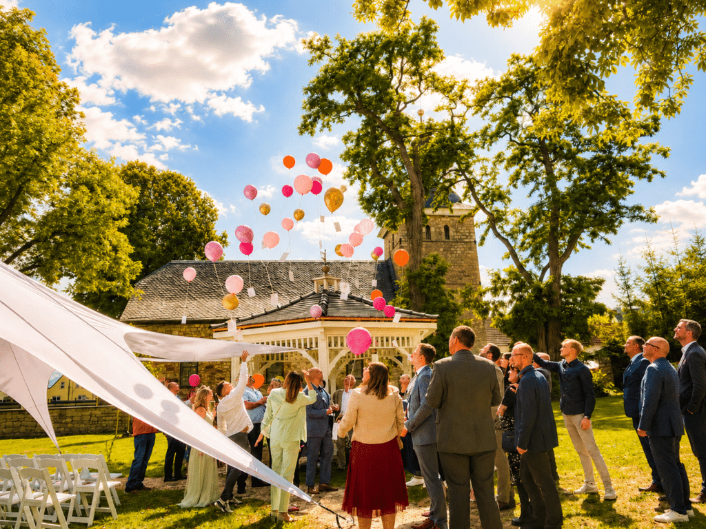 Eine Gruppe von Menschen in festlicher Kleidung versammelt sich im Freien unter Bäumen und im Sonnenschein an einer Hochzeitslocation in Thüringen und lässt bunte Luftballons in den Himmel steigen, in der Nähe eines Gebäudes, vor dem auf dem Rasen ein Zelt und weiße Stühle aufgestellt sind.