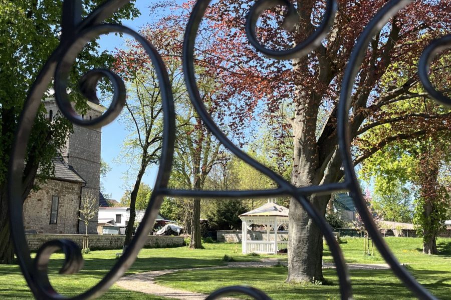 Ein verziertes schwarzes schmiedeeisernes Tor mit wirbelnden Mustern umrahmt einen grünen Rasen, bunte Bäume, ein steinernes Gebäude und einen weißen Pavillon - eine ideale Eventlocation in Thüringen für stilvolle Veranstaltungen Sondershausen unter blauem Himmel.